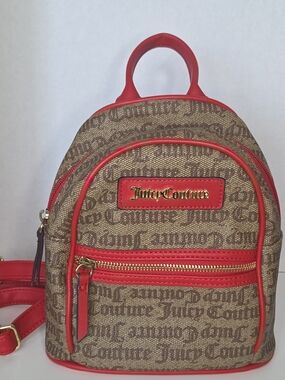Juicy Couture Brown Monogram Mini Backpack with Red Trim